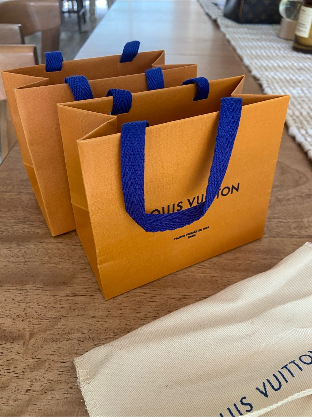 Set of 6, Louis Vuitton Gift Bags with Blue Ribbons (small 5” by 6”)